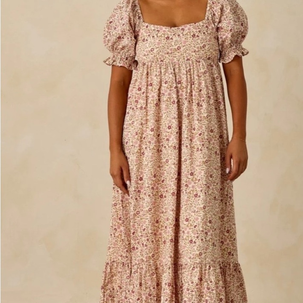 Floral Puff-Sleeve Maxi Dress in Dusty Rose